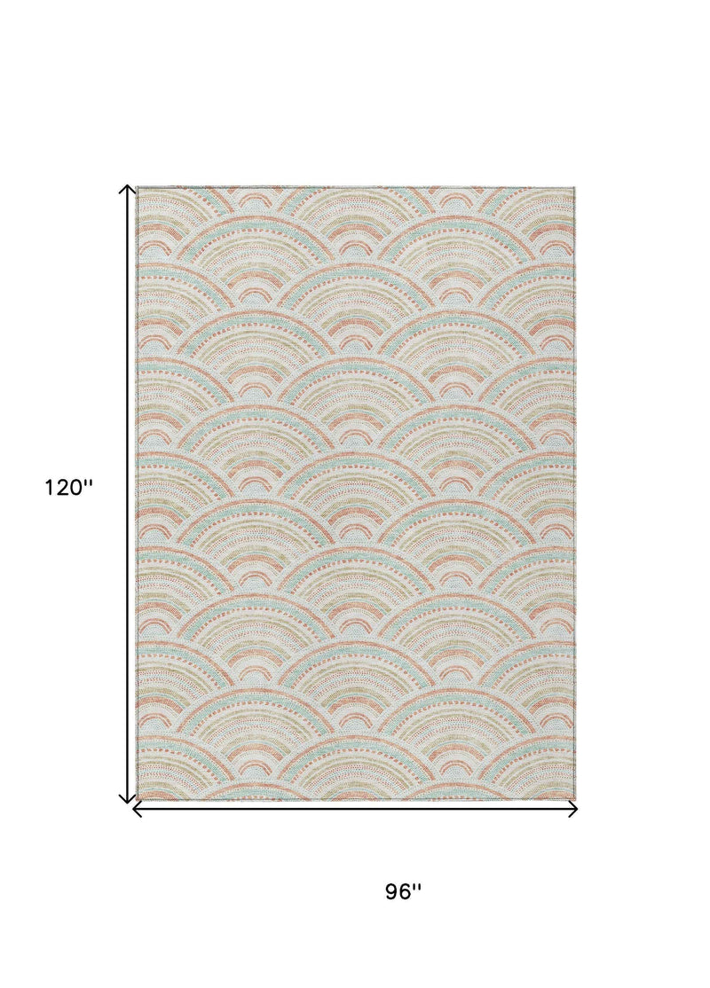 8' X 10' Linen Orange And Ivory Geometric Washable Indoor Outdoor Area Rug