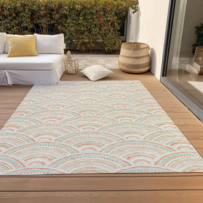 8' X 10' Linen Orange And Ivory Geometric Washable Indoor Outdoor Area Rug