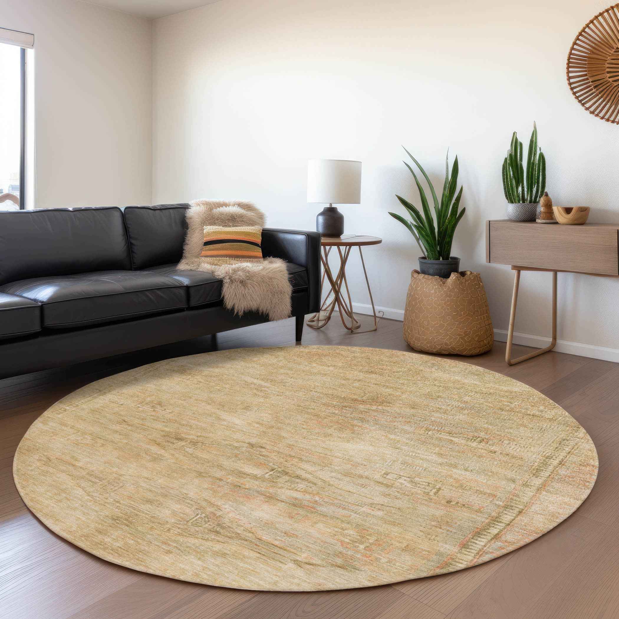 8' Linen And Wheat Round Aztec Washable Indoor Outdoor Area Rug