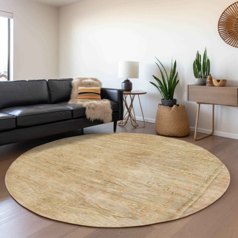 8' Linen And Wheat Round Aztec Washable Indoor Outdoor Area Rug