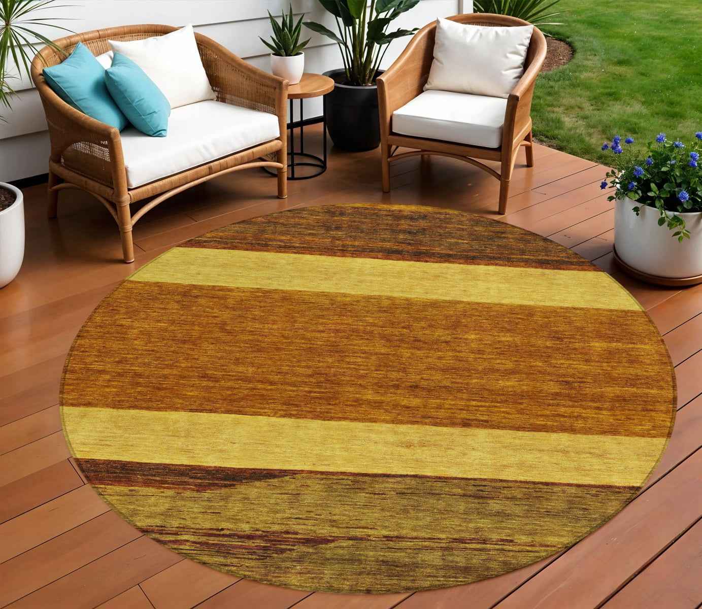 8' Terra Cotta Gold And Brown Round Abstract Washable Indoor Outdoor Area Rug