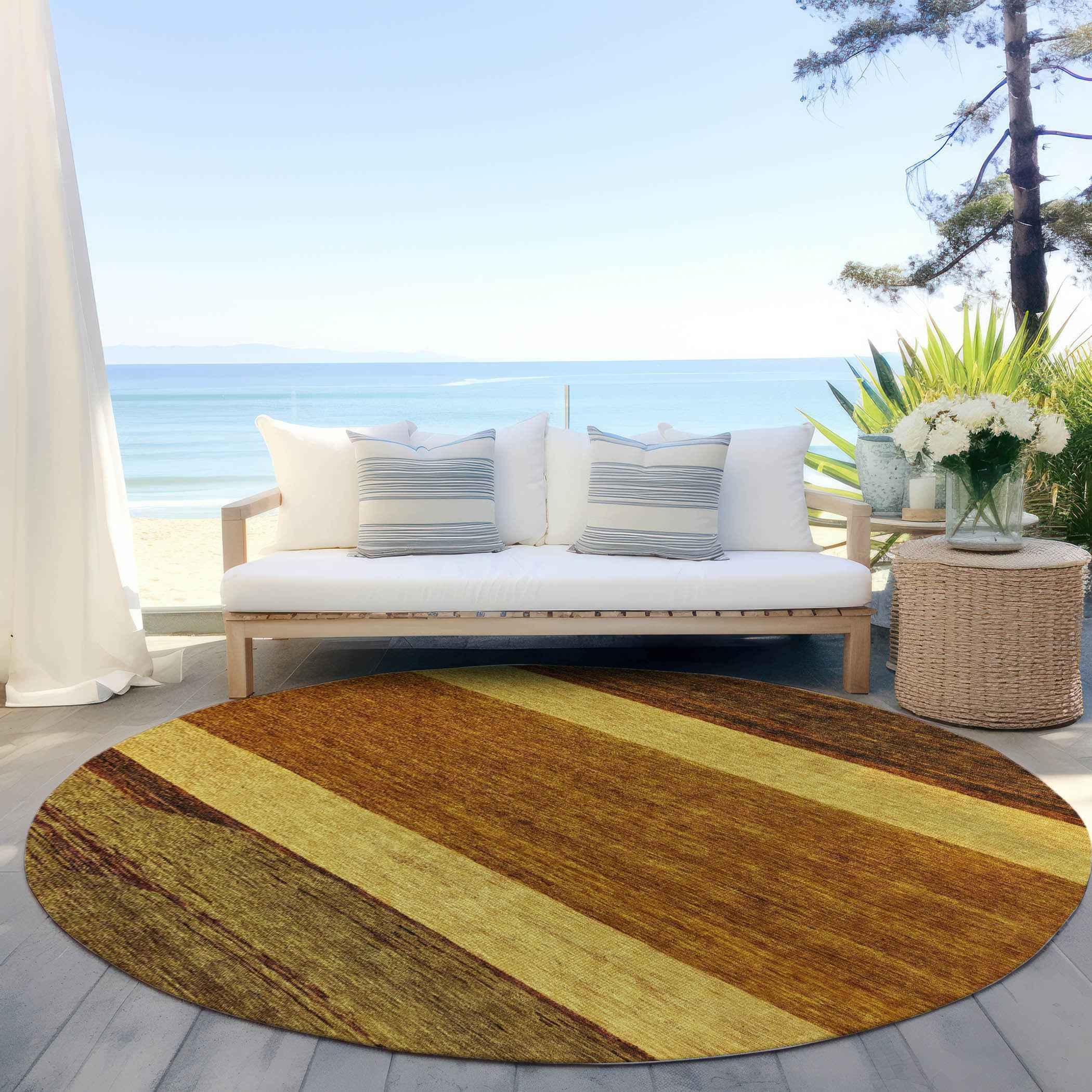 8' Terra Cotta Gold And Brown Round Abstract Washable Indoor Outdoor Area Rug