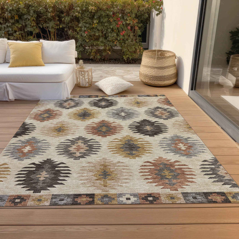 8' X 10' Beige Copper And Gray Southwestern Washable Indoor Outdoor Area Rug