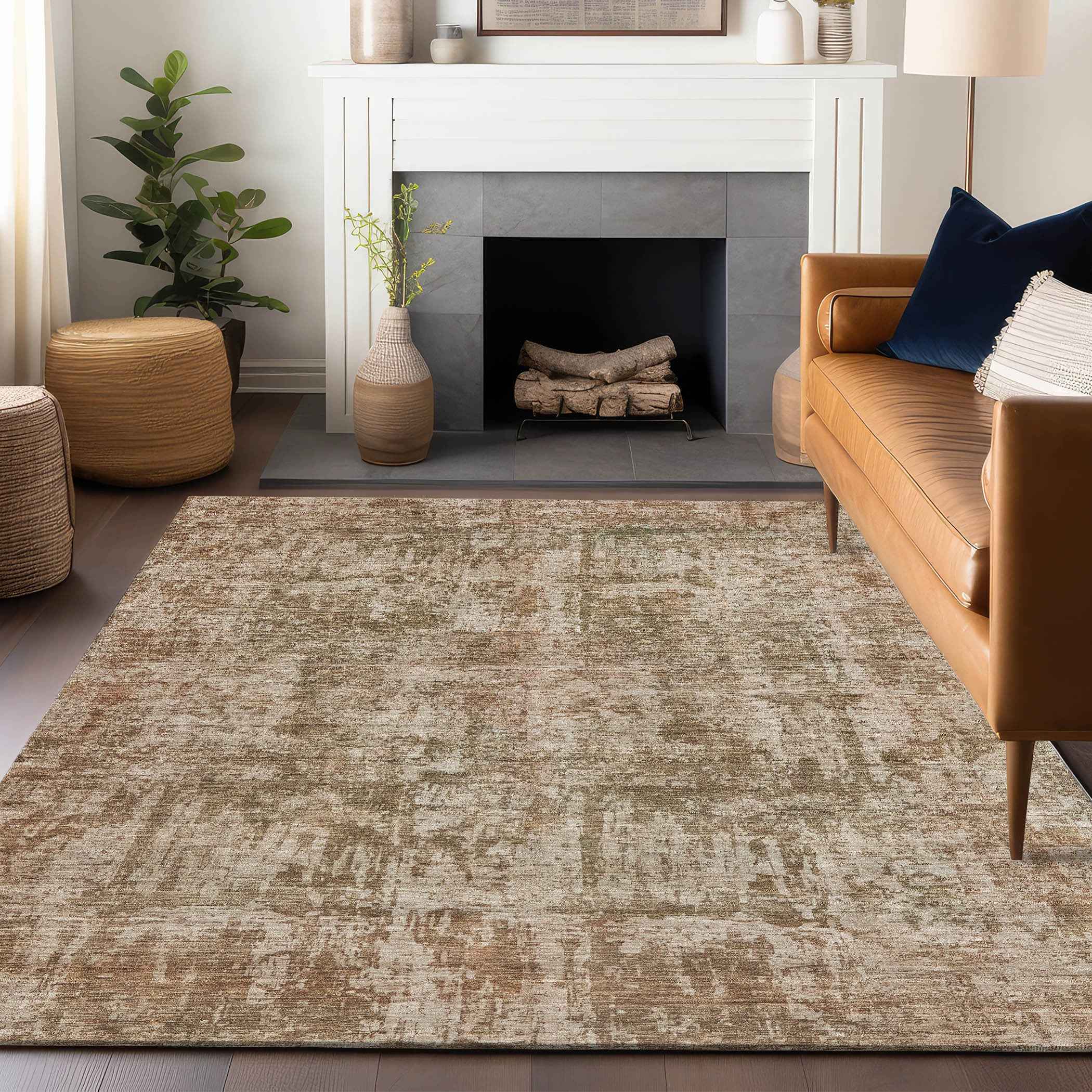 8' X 10' Beige And Copper Abstract Washable Indoor Outdoor Area Rug