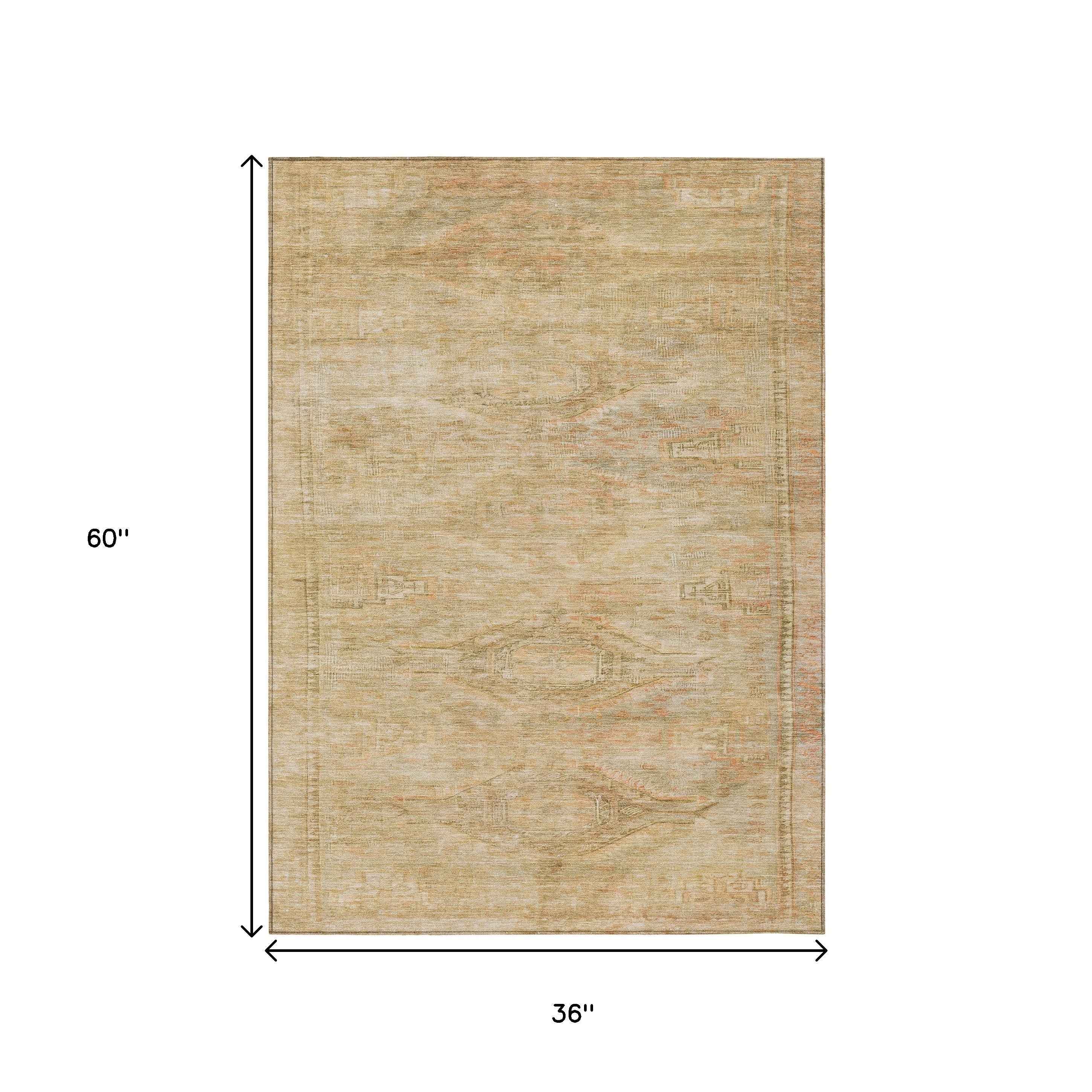 3' X 5' Linen And Wheat Aztec Washable Indoor Outdoor Area Rug