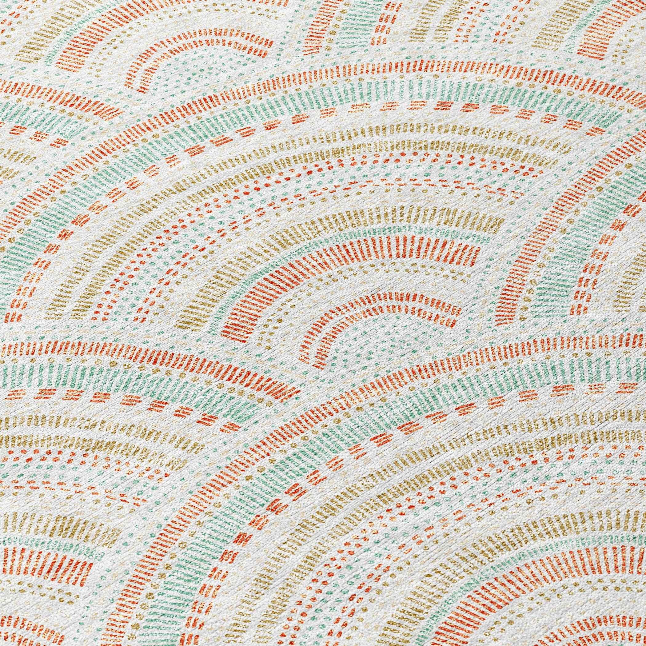 8' Linen Orange And Ivory Round Geometric Washable Indoor Outdoor Area Rug