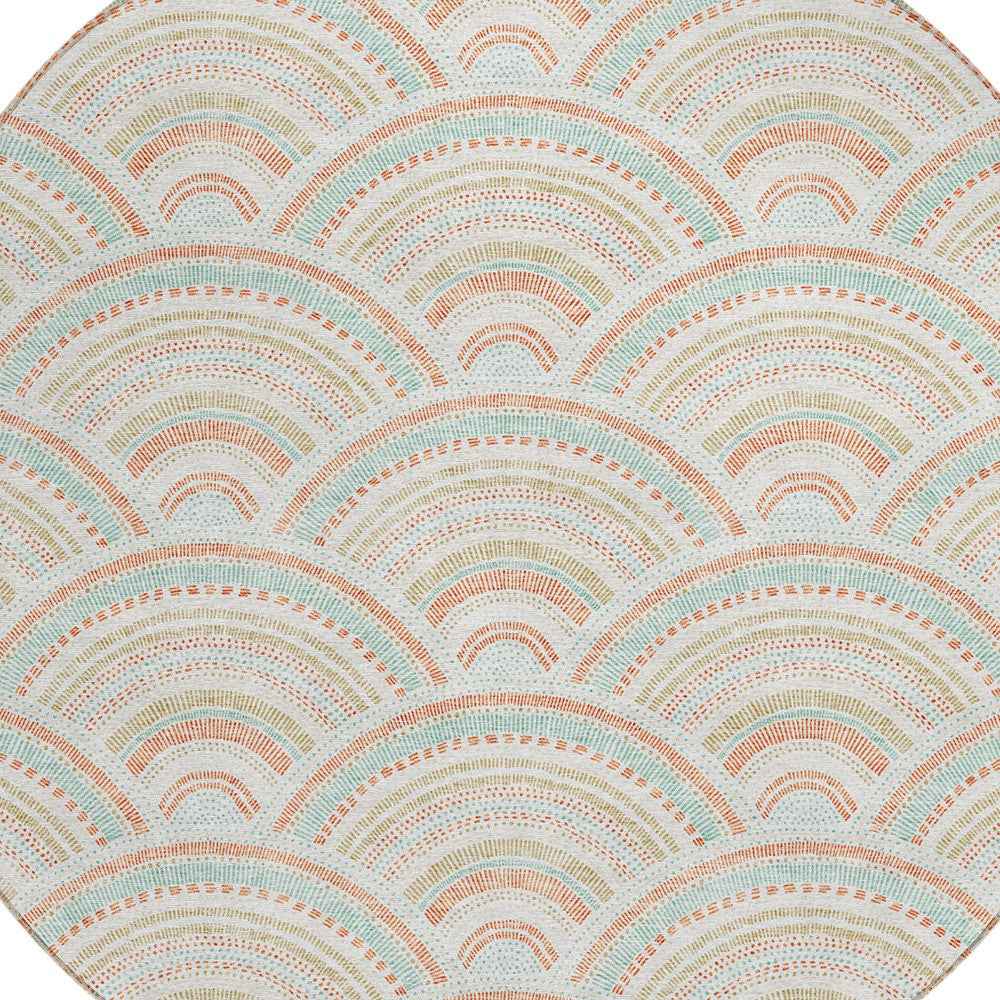 8' Linen Orange And Ivory Round Geometric Washable Indoor Outdoor Area Rug