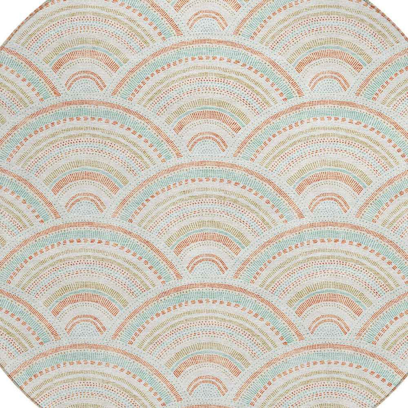 8' Linen Orange And Ivory Round Geometric Washable Indoor Outdoor Area Rug