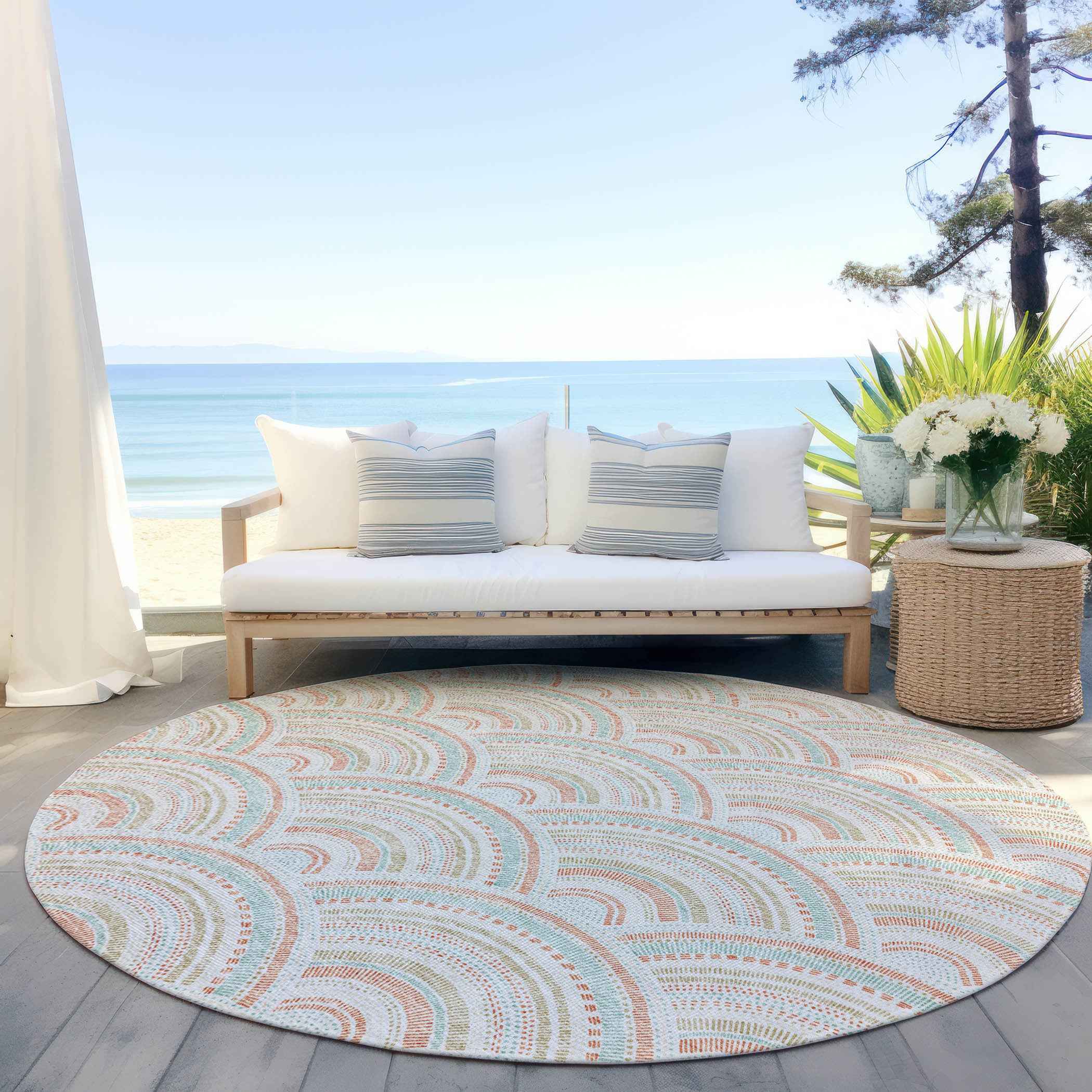 8' Linen Orange And Ivory Round Geometric Washable Indoor Outdoor Area Rug