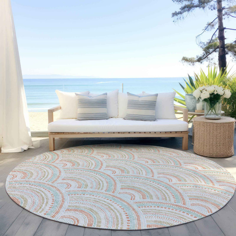 8' Linen Orange And Ivory Round Geometric Washable Indoor Outdoor Area Rug