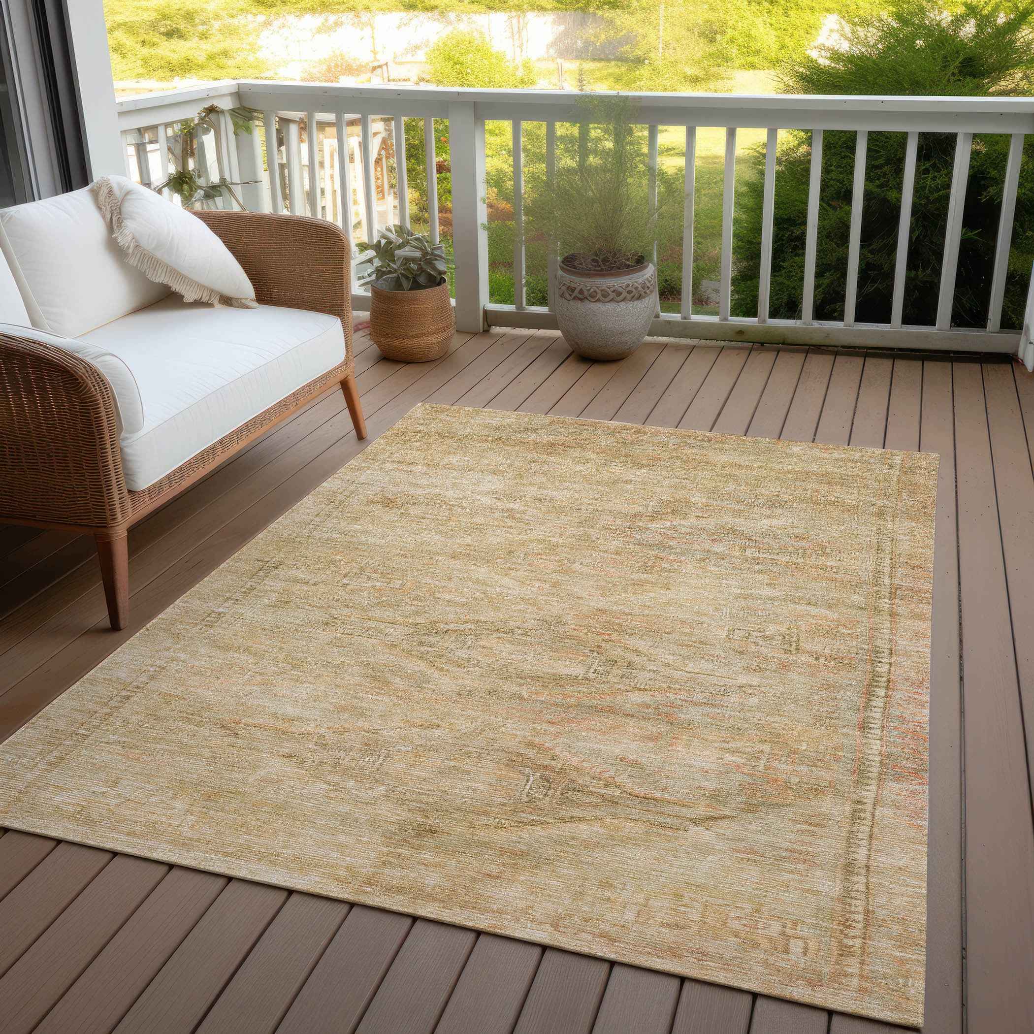 3' X 5' Linen And Wheat Aztec Washable Indoor Outdoor Area Rug