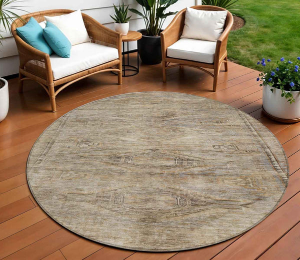 8' Brown And Taupe Round Aztec Washable Indoor Outdoor Area Rug
