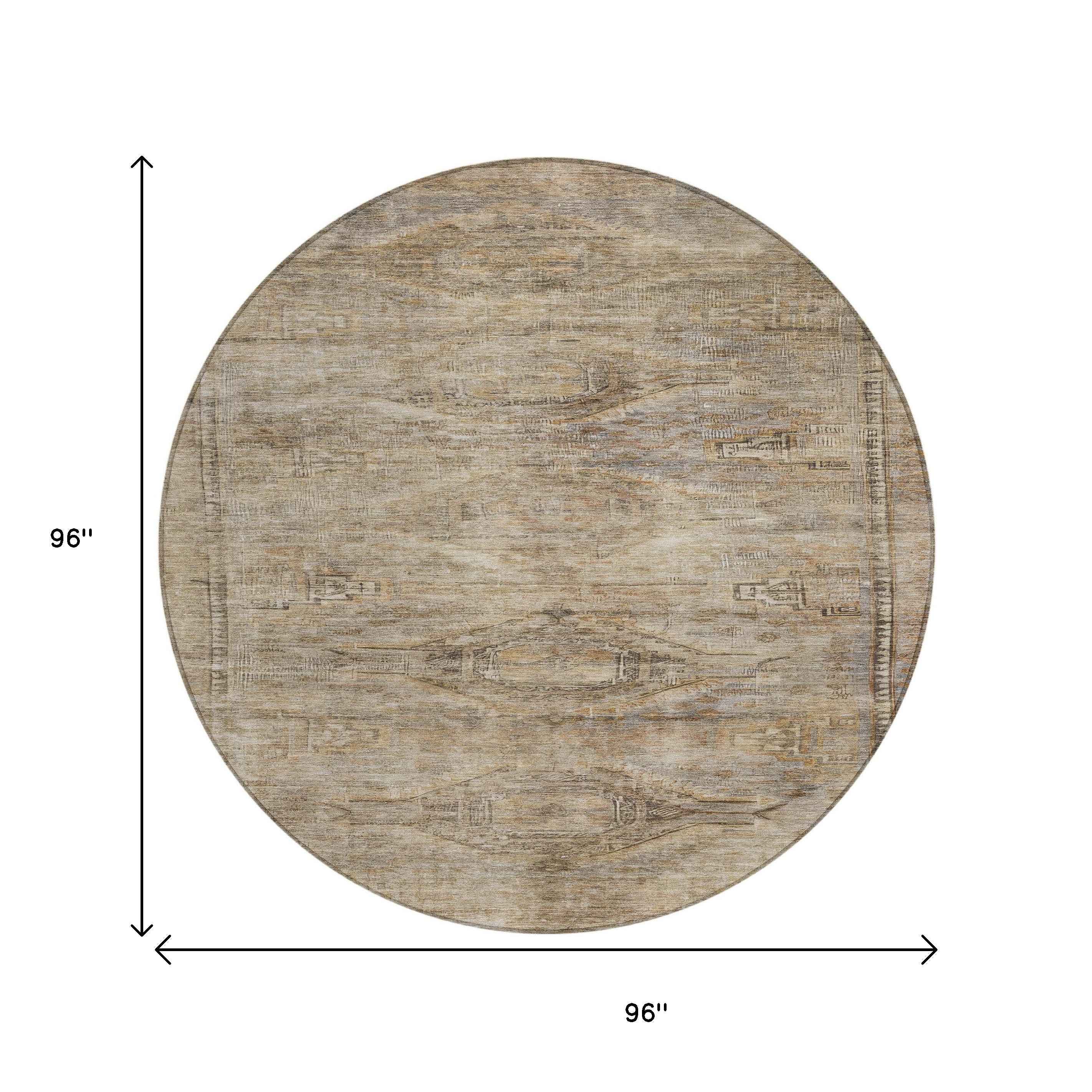 8' Brown And Taupe Round Aztec Washable Indoor Outdoor Area Rug