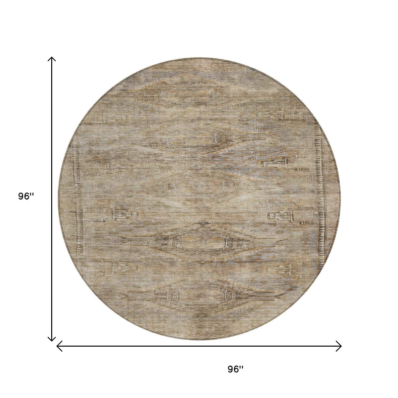 8' Brown And Taupe Round Aztec Washable Indoor Outdoor Area Rug