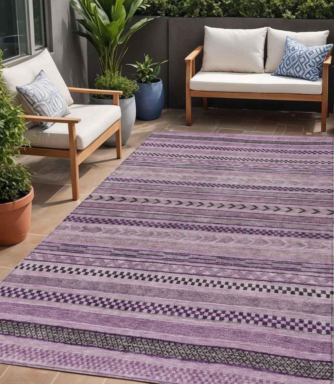 5' X 8' Plum And Lilac Striped Washable Indoor Outdoor Area Rug