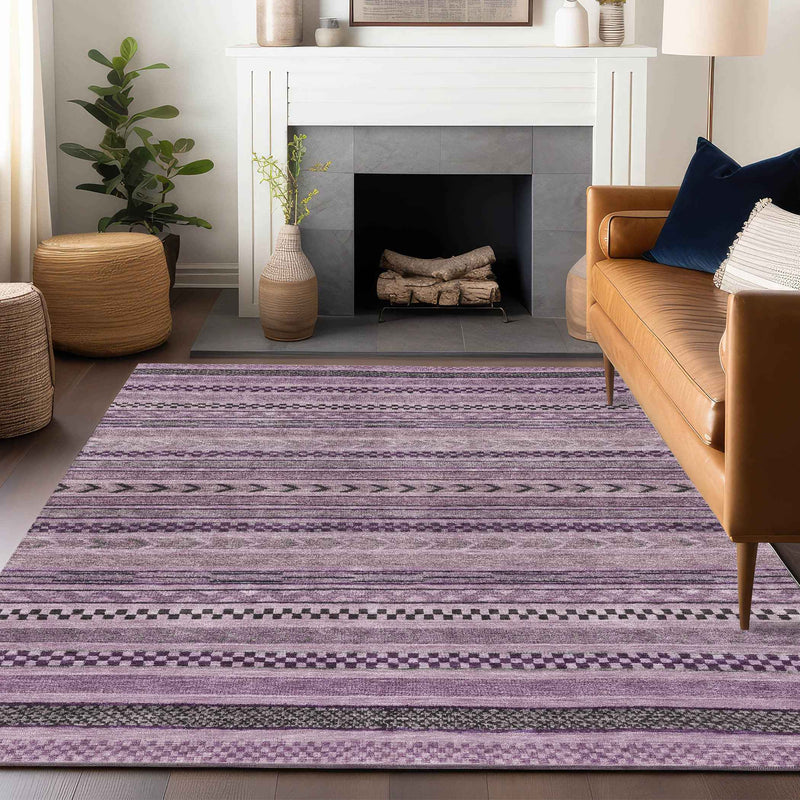 5' X 8' Plum And Lilac Striped Washable Indoor Outdoor Area Rug