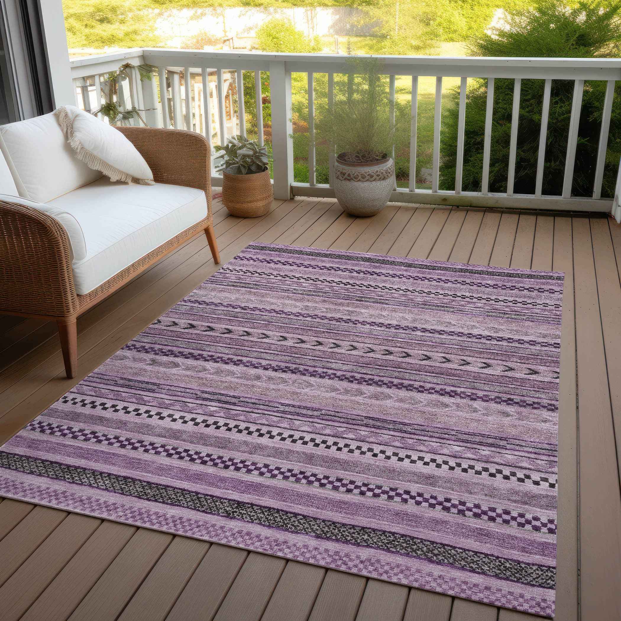 5' X 8' Plum And Lilac Striped Washable Indoor Outdoor Area Rug