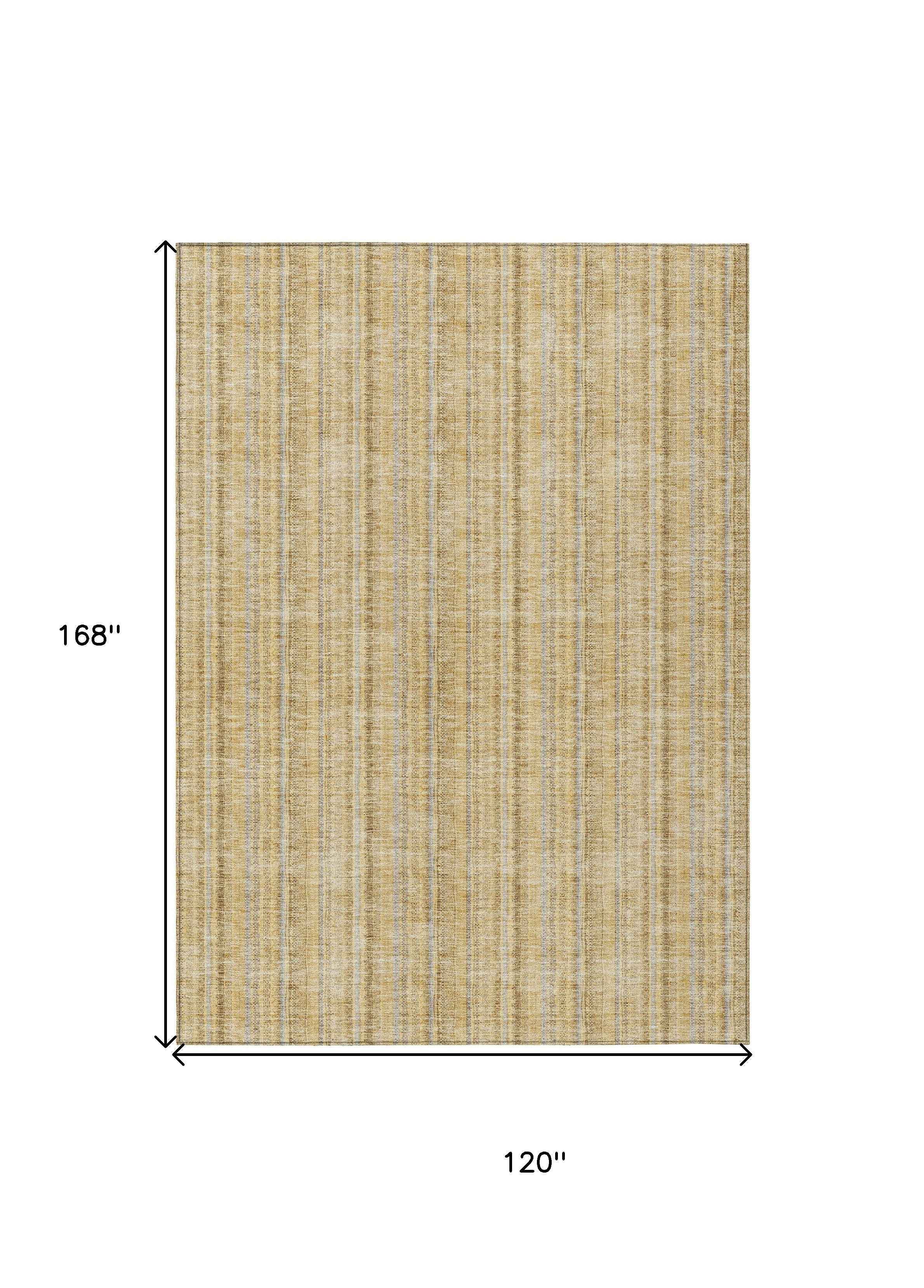 10' X 14' Wheat Gold And Gray Striped Washable Indoor Outdoor Area Rug