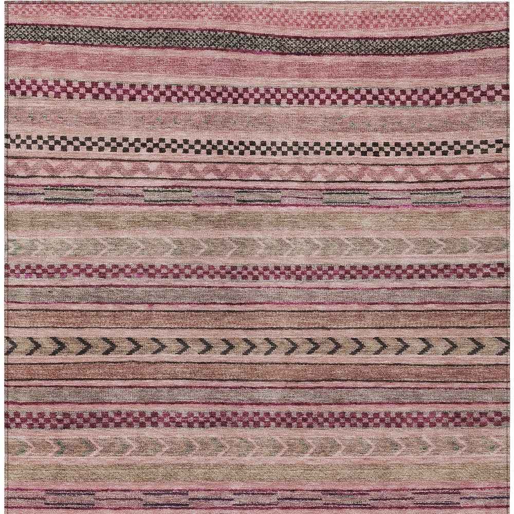 10' X 14' Pink And Taupe Striped Washable Indoor Outdoor Area Rug