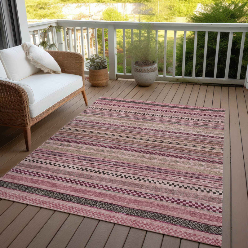 10' X 14' Pink And Taupe Striped Washable Indoor Outdoor Area Rug