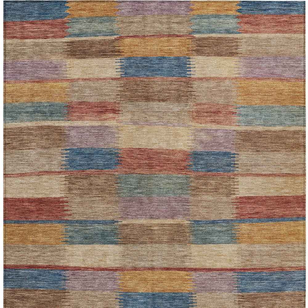 10' X 14' Beige Blue And Gold Striped Washable Indoor Outdoor Area Rug