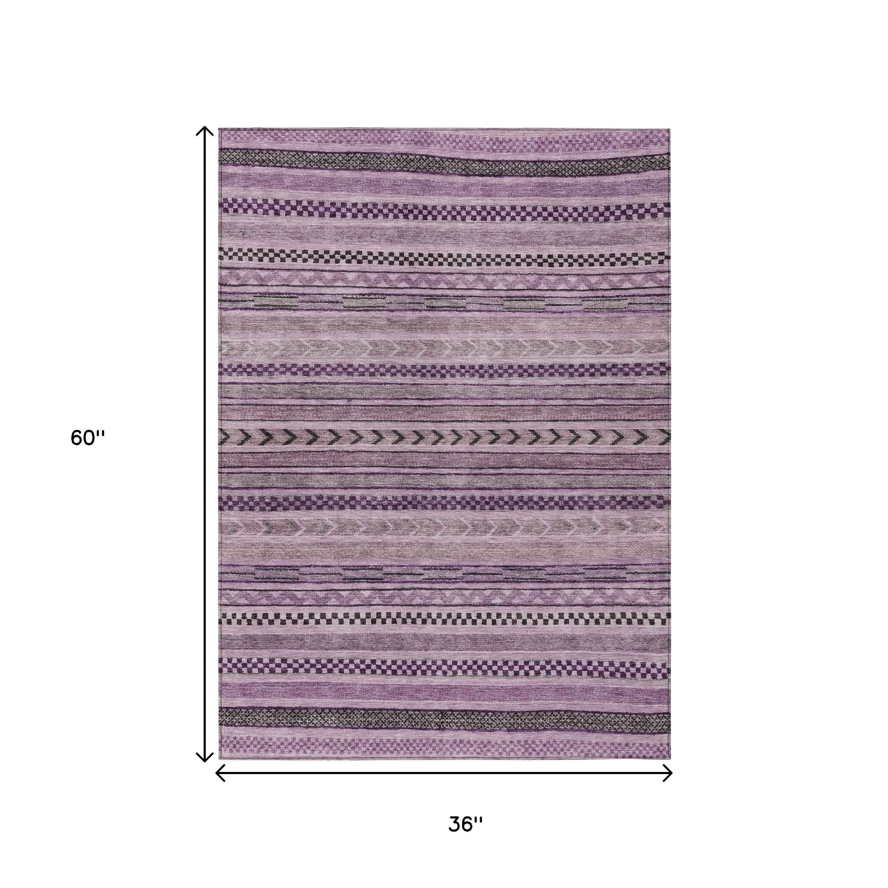 3' X 5' Plum And Lilac Striped Washable Indoor Outdoor Area Rug