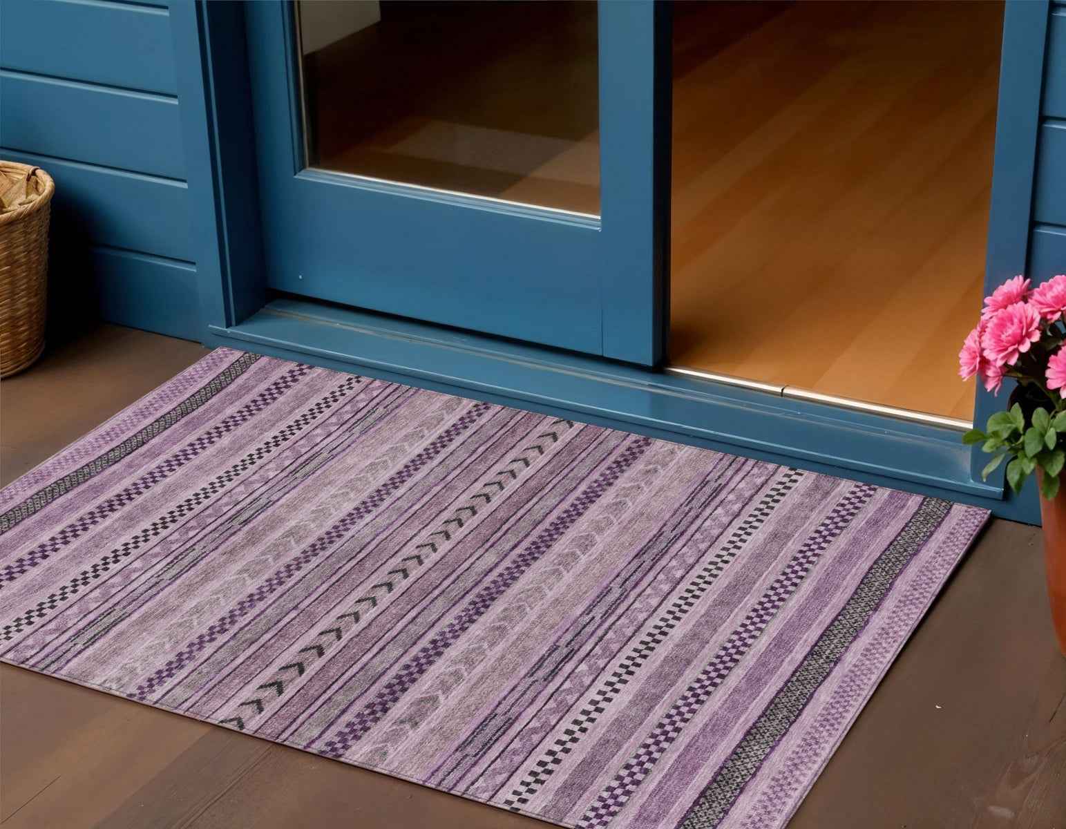 3' X 5' Plum And Lilac Striped Washable Indoor Outdoor Area Rug