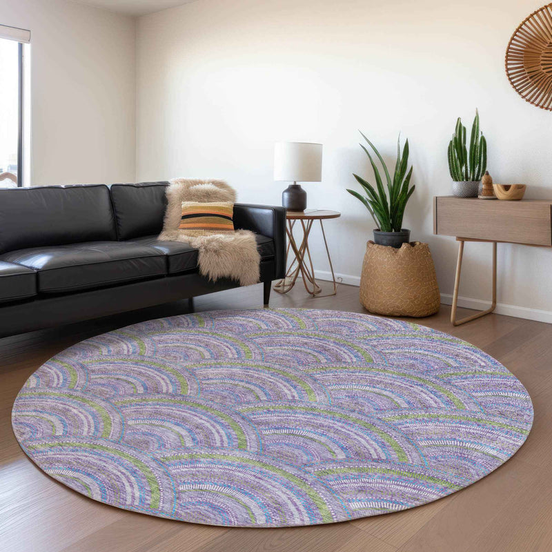 8' Lavender Sage And Ivory Round Geometric Washable Indoor Outdoor Area Rug