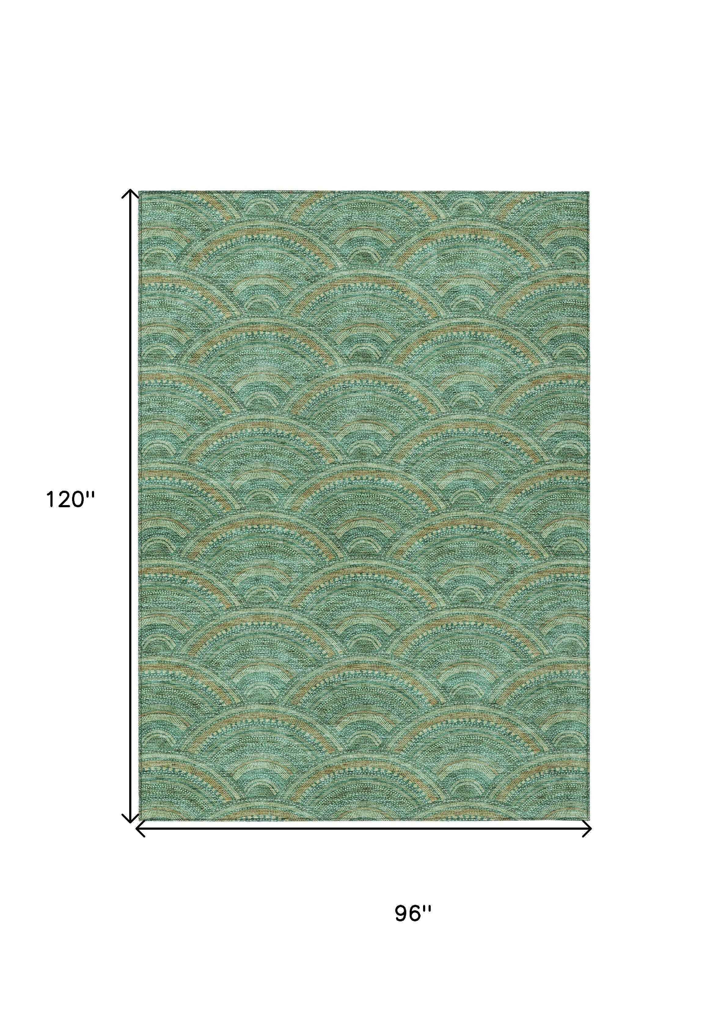 8' X 10' Sage Fern Green And Peach Geometric Washable Indoor Outdoor Area Rug
