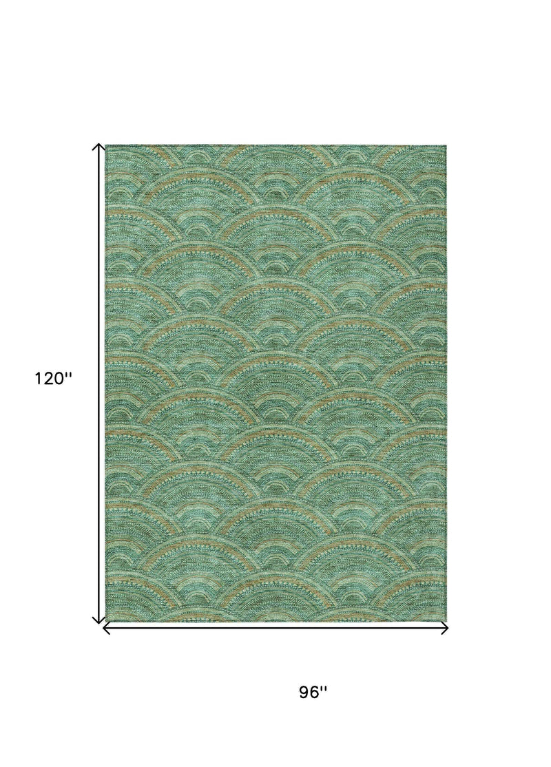 8' X 10' Sage Fern Green And Peach Geometric Washable Indoor Outdoor Area Rug