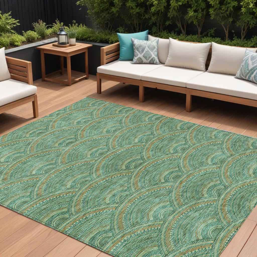8' X 10' Sage Fern Green And Peach Geometric Washable Indoor Outdoor Area Rug