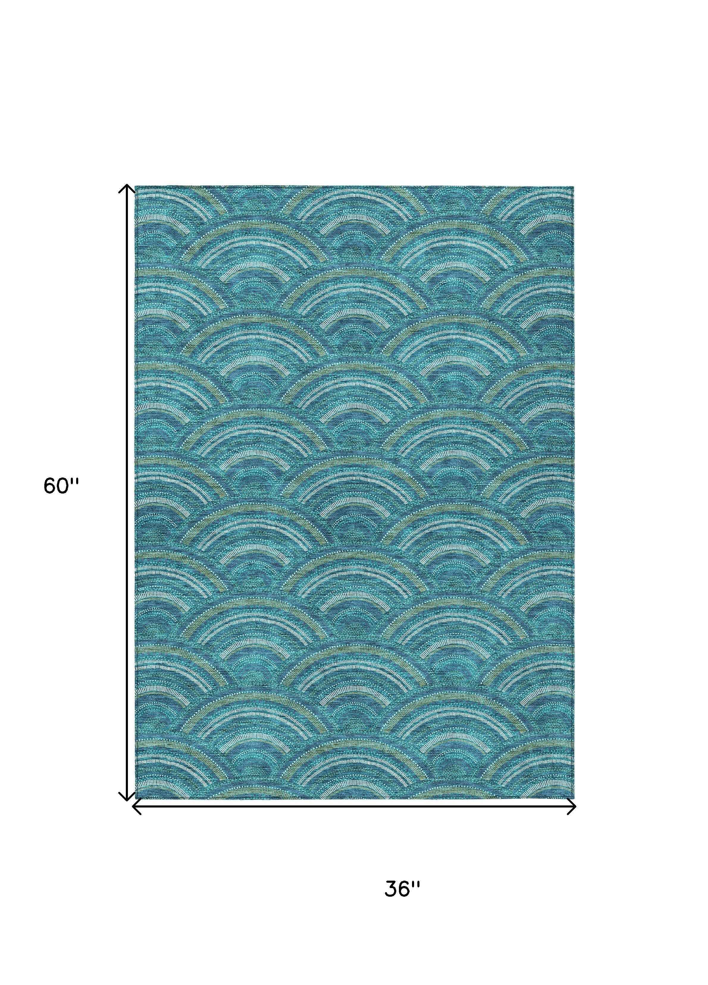 3' X 5' Teal Blue Fern Green And Ivory Geometric Washable Indoor Outdoor Area Rug