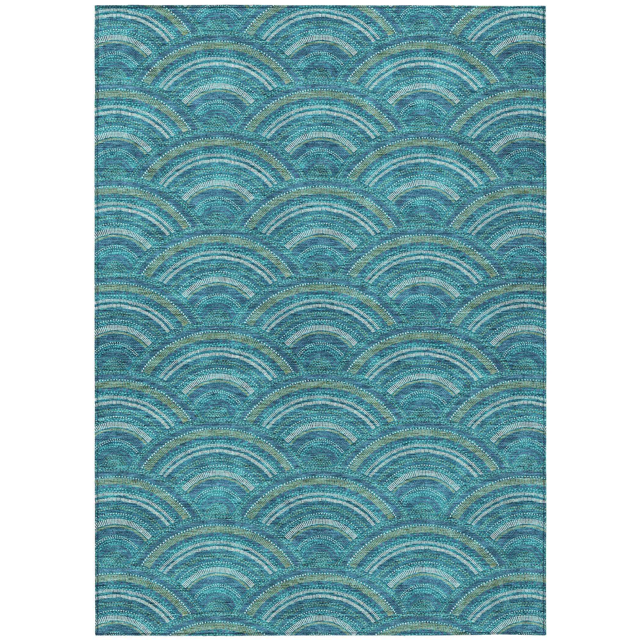 3' X 5' Teal Blue Fern Green And Ivory Geometric Washable Indoor Outdoor Area Rug