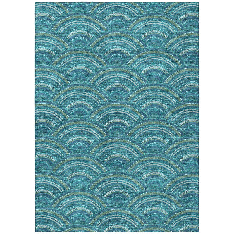 3' X 5' Teal Blue Fern Green And Ivory Geometric Washable Indoor Outdoor Area Rug