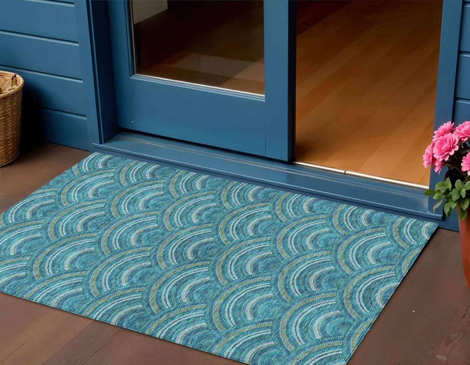 3' X 5' Teal Blue Fern Green And Ivory Geometric Washable Indoor Outdoor Area Rug