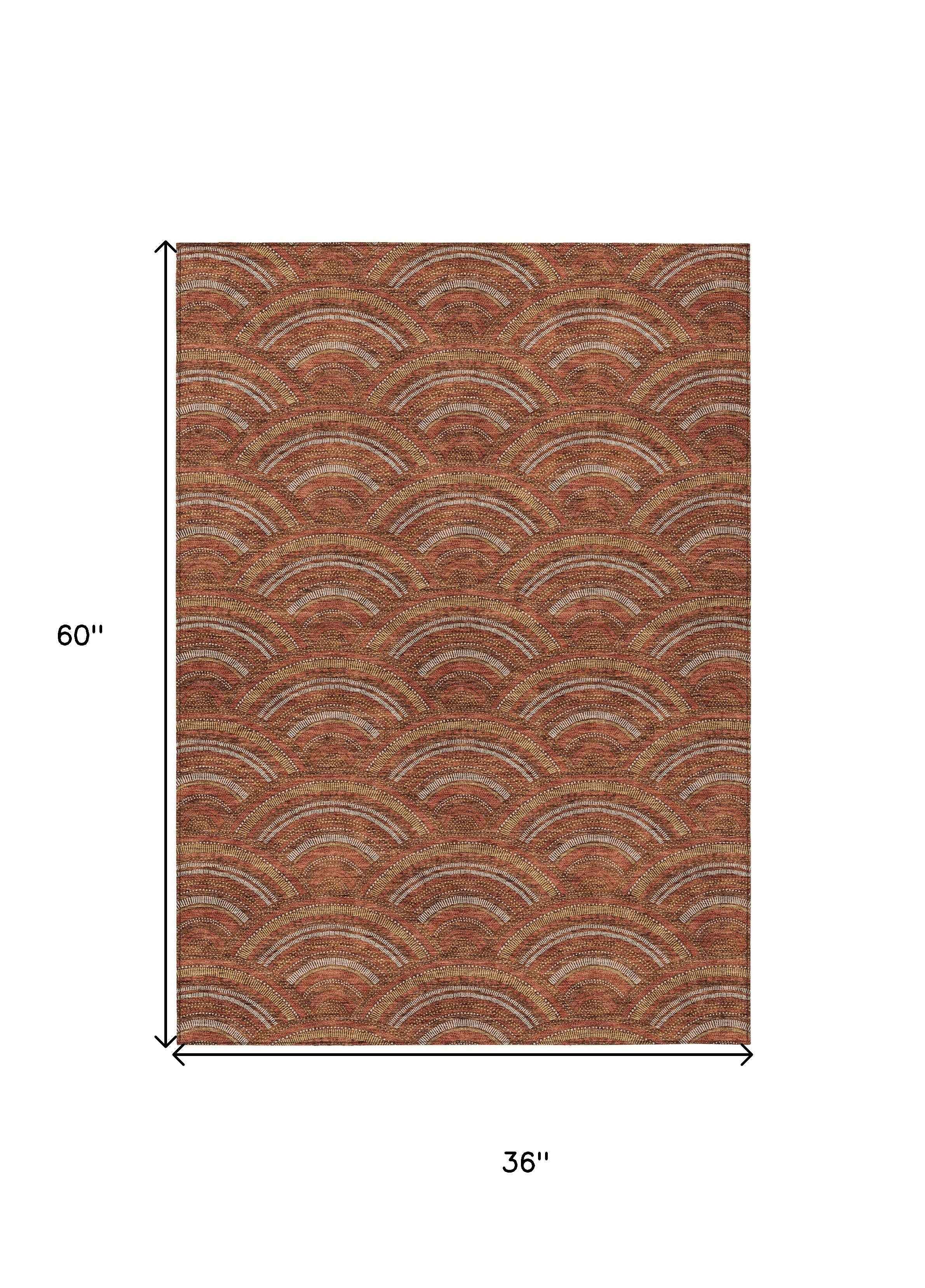 3' X 5' Orange Gold And Ivory Geometric Washable Indoor Outdoor Area Rug