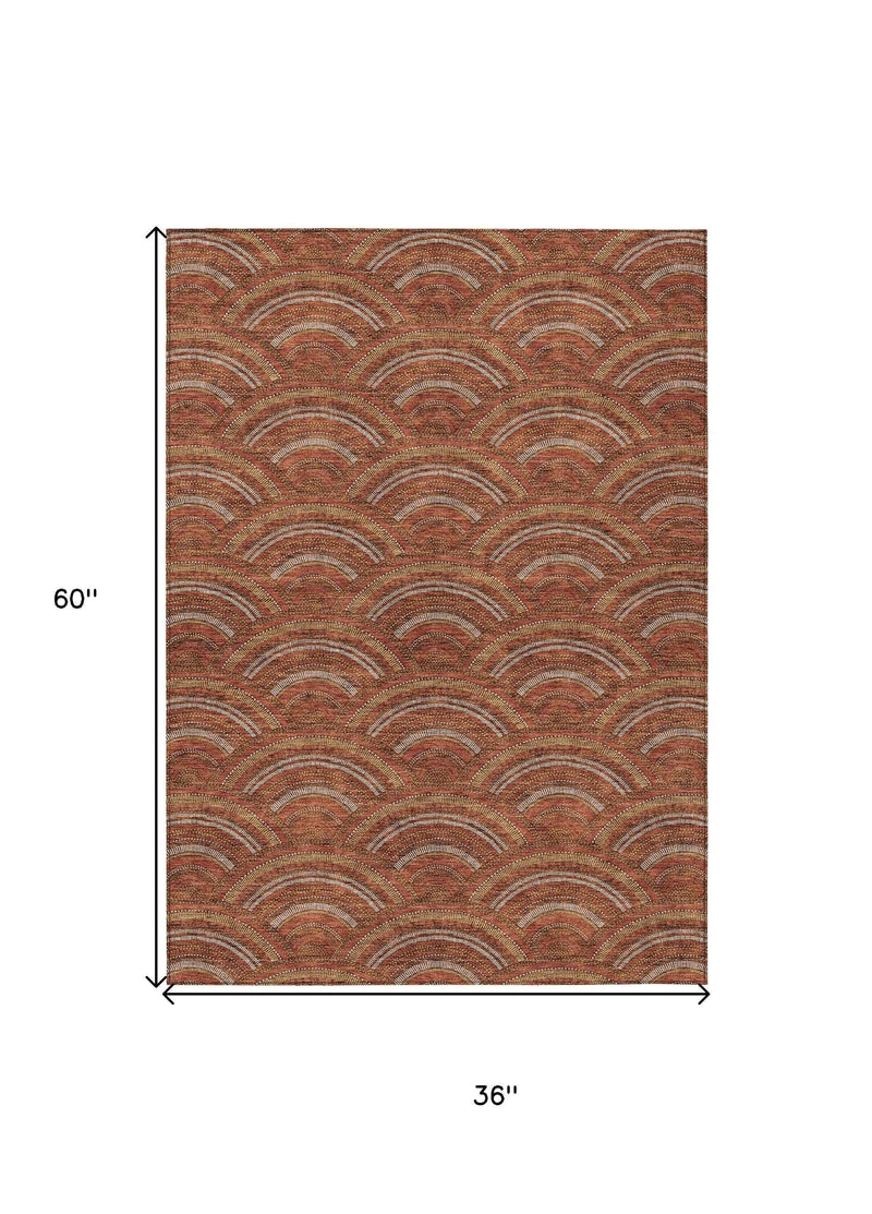 3' X 5' Orange Gold And Ivory Geometric Washable Indoor Outdoor Area Rug