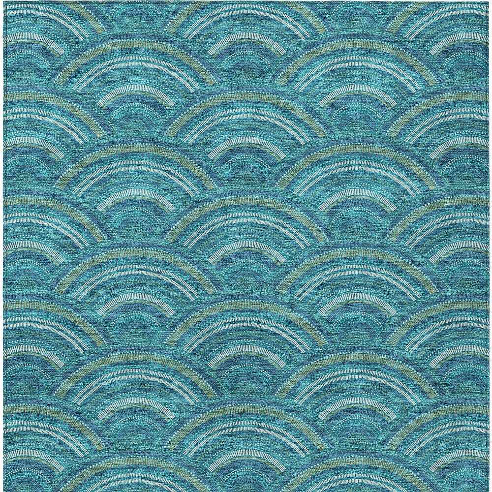 3' X 5' Teal Blue Fern Green And Ivory Geometric Washable Indoor Outdoor Area Rug