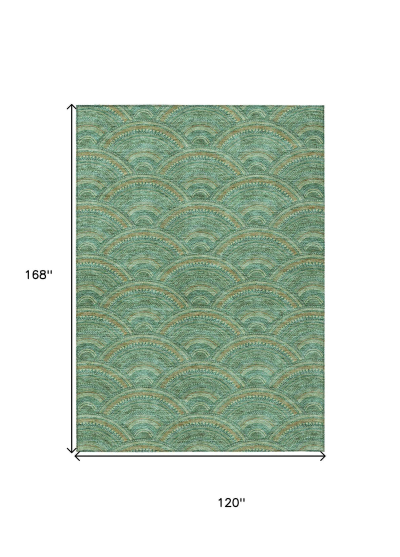 10' X 14' Sage Fern Green And Peach Geometric Washable Indoor Outdoor Area Rug