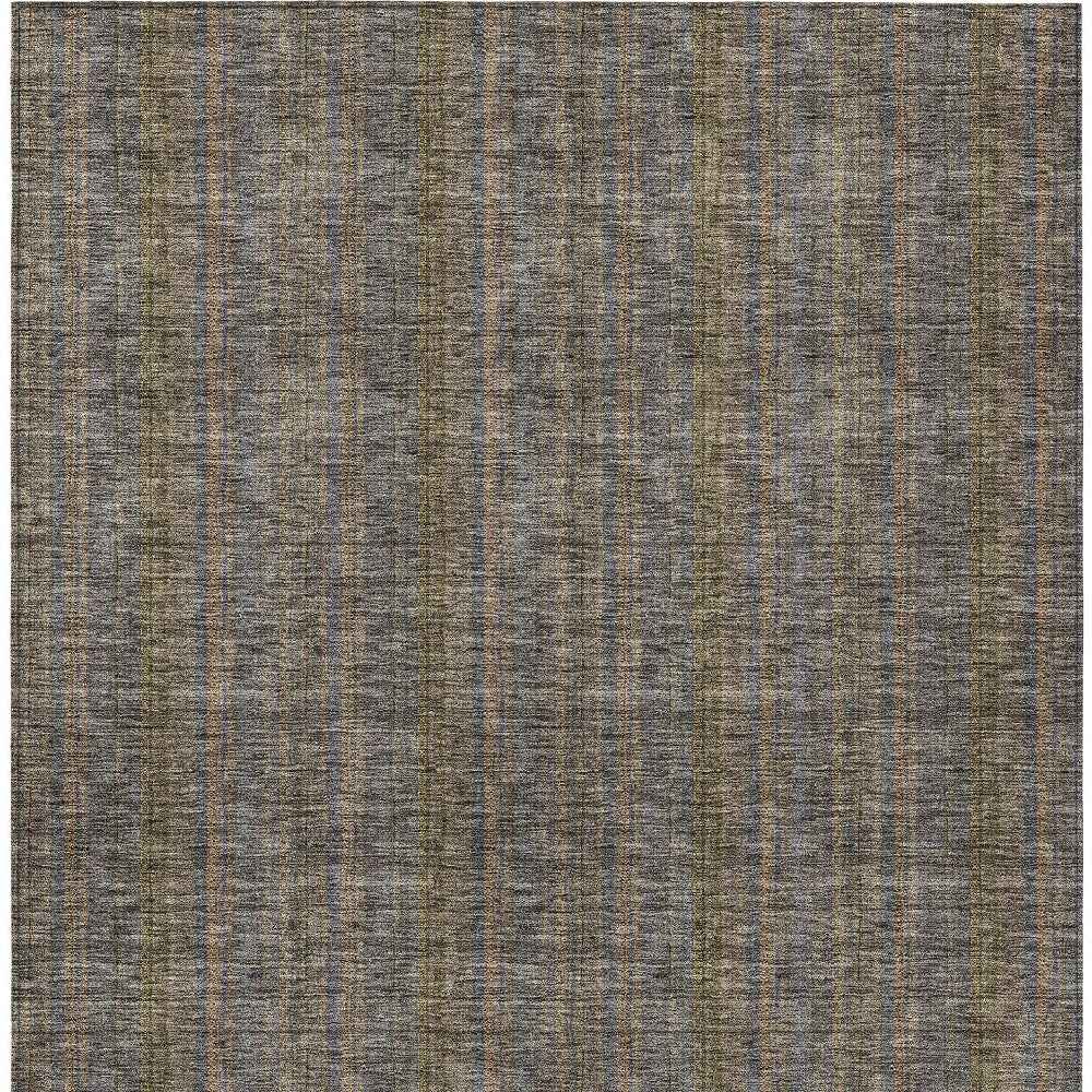 9' X 12' Taupe Denim Blue And Olive Green Striped Washable Indoor Outdoor Area Rug
