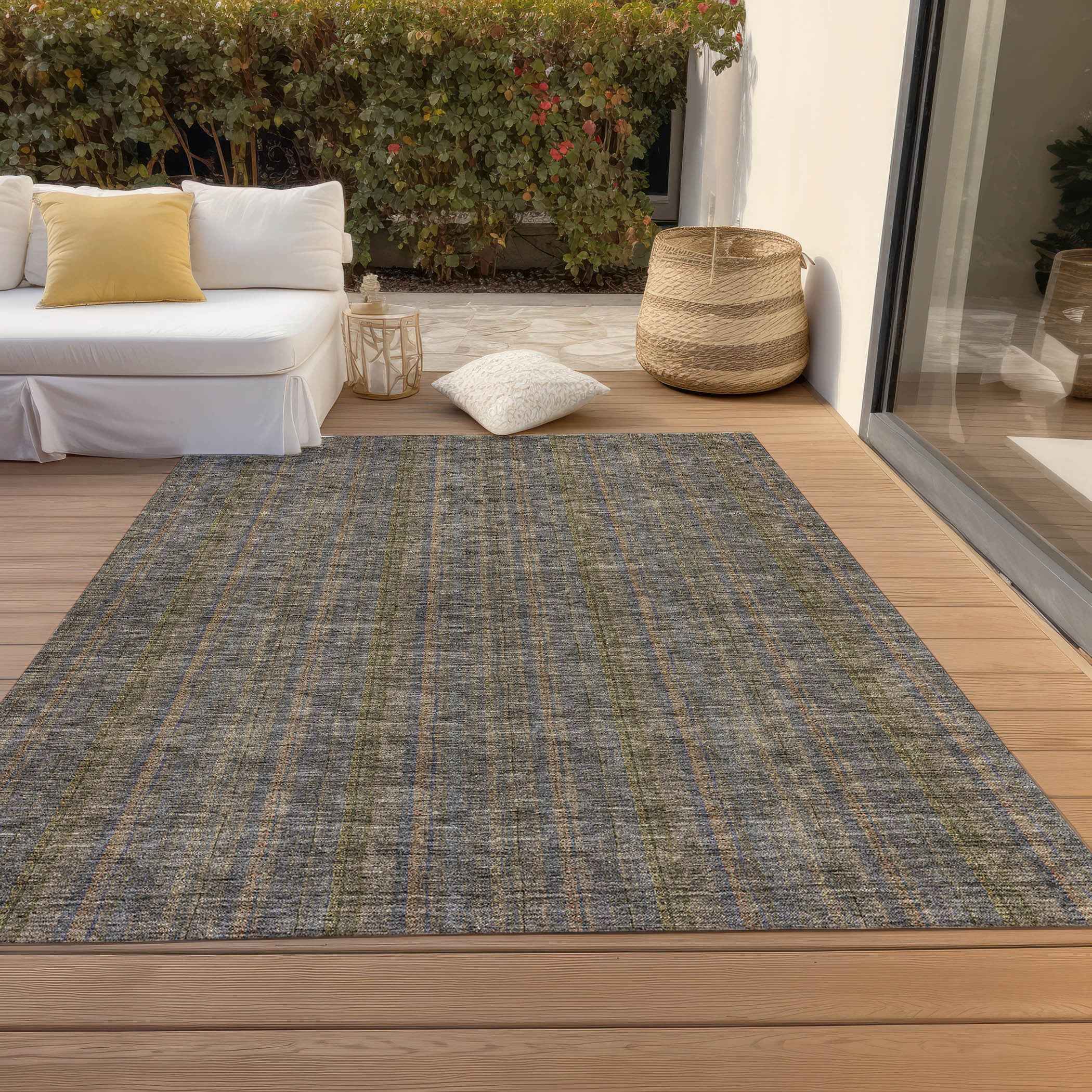 9' X 12' Taupe Denim Blue And Olive Green Striped Washable Indoor Outdoor Area Rug