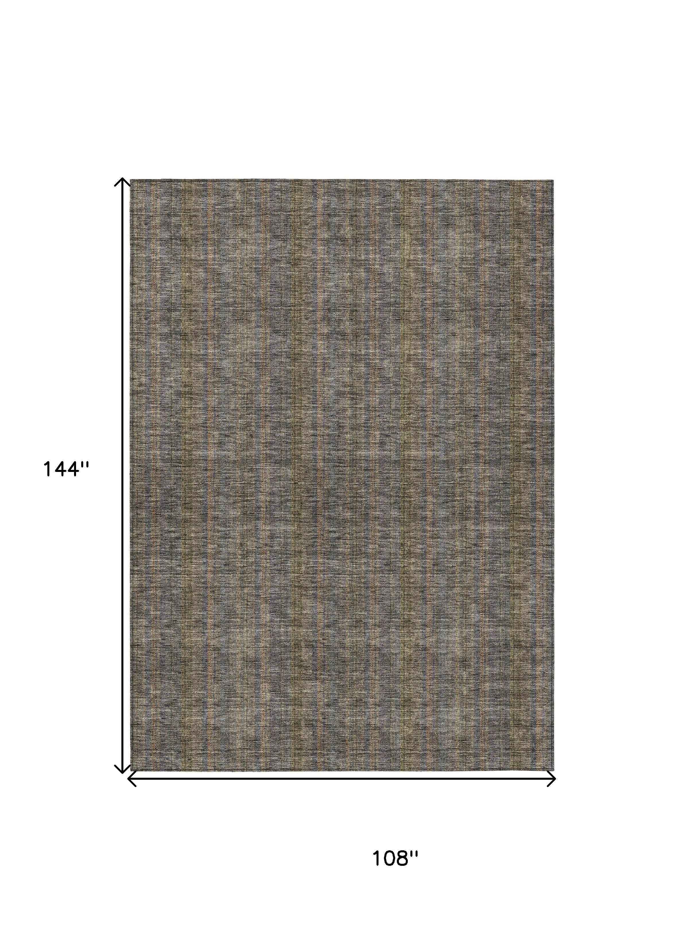 9' X 12' Taupe Denim Blue And Olive Green Striped Washable Indoor Outdoor Area Rug