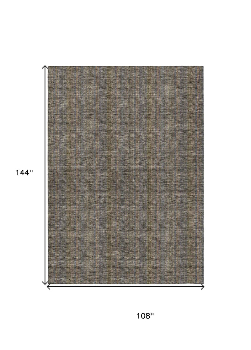 9' X 12' Taupe Denim Blue And Olive Green Striped Washable Indoor Outdoor Area Rug