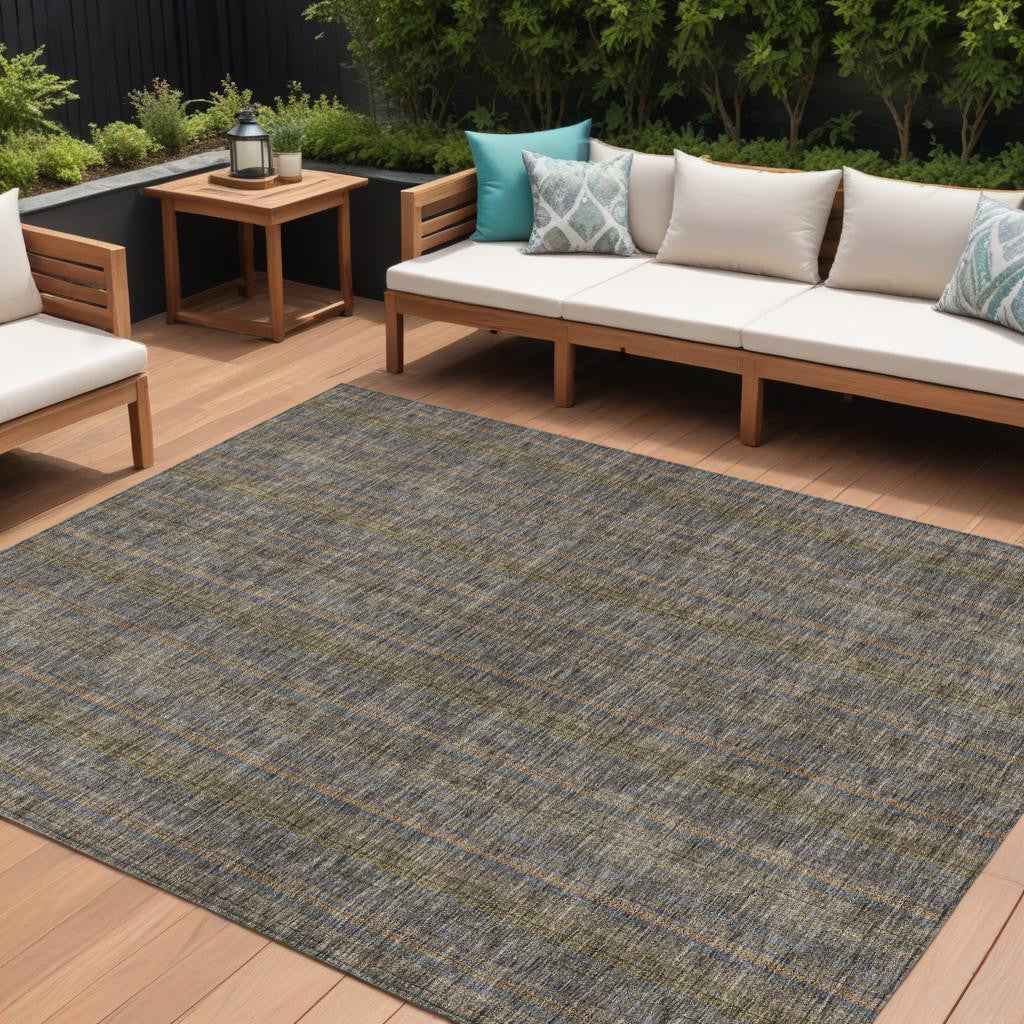 9' X 12' Taupe Denim Blue And Olive Green Striped Washable Indoor Outdoor Area Rug