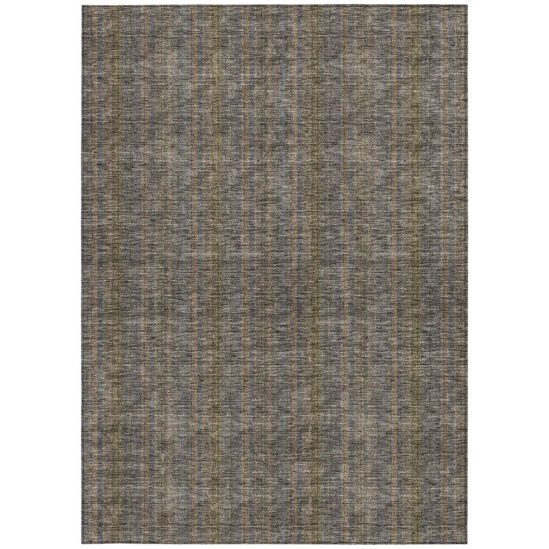 10' X 14' Taupe Denim Blue And Olive Green Striped Washable Indoor Outdoor Area Rug