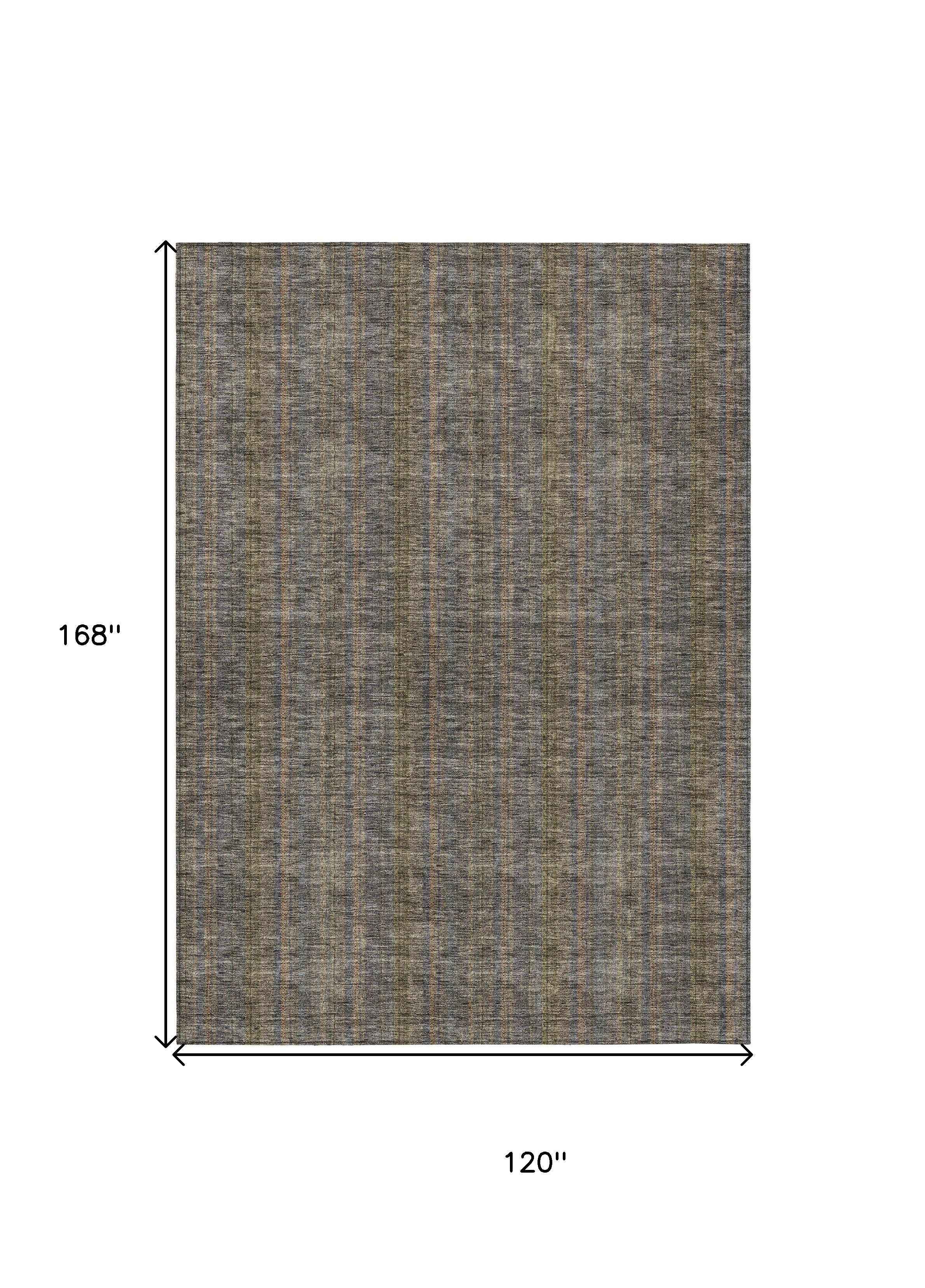 10' X 14' Taupe Denim Blue And Olive Green Striped Washable Indoor Outdoor Area Rug