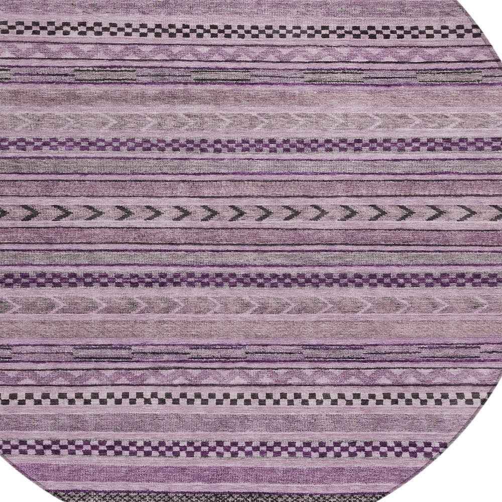 8' Plum And Lilac Round Striped Washable Indoor Outdoor Area Rug
