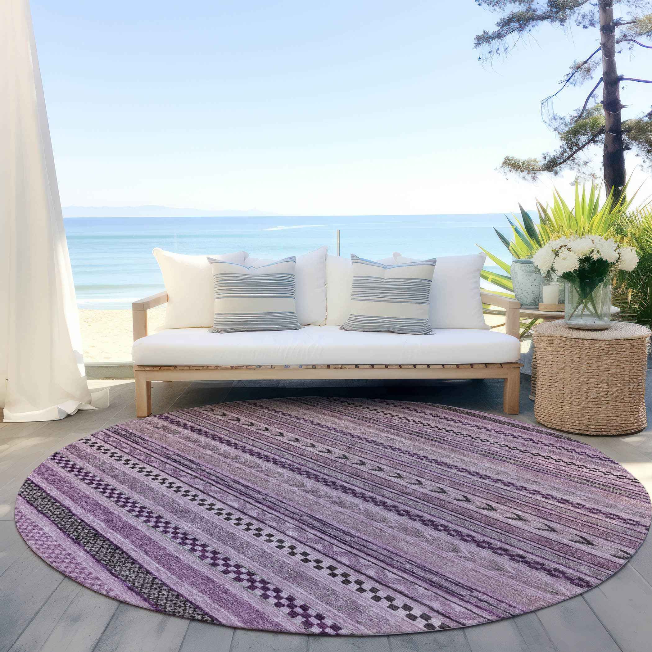 8' Plum And Lilac Round Striped Washable Indoor Outdoor Area Rug