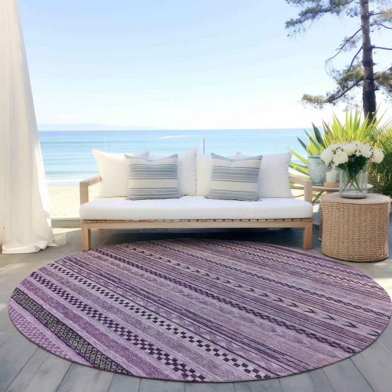 8' Plum And Lilac Round Striped Washable Indoor Outdoor Area Rug