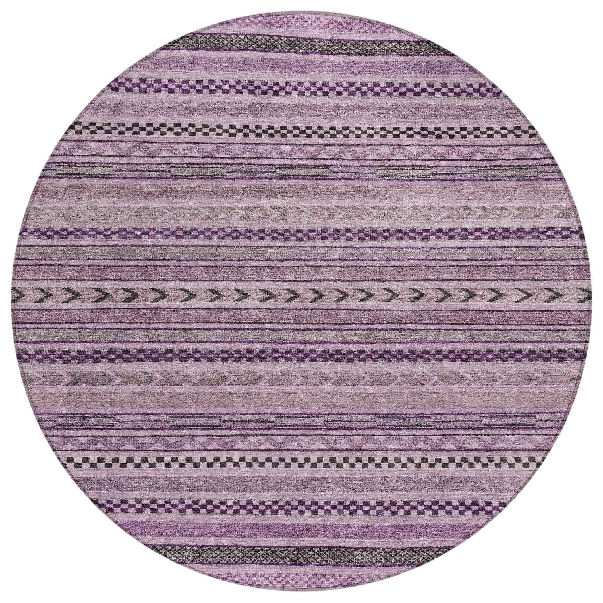 8' Plum And Lilac Round Striped Washable Indoor Outdoor Area Rug